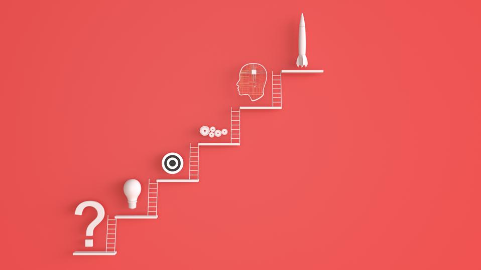 Abstract Ladder problems and solutions digital concept on red background