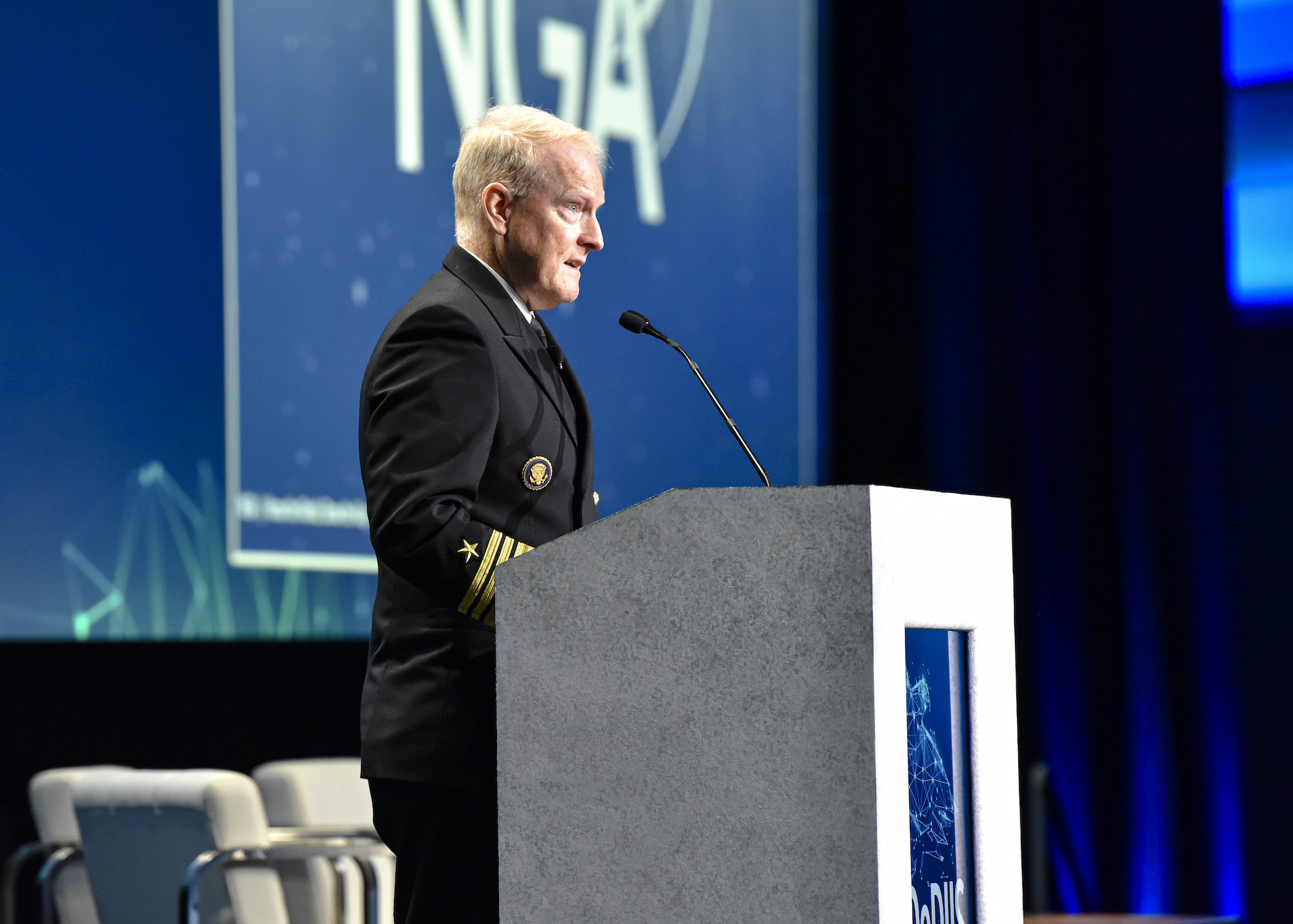 National Geospatial-Intelligence Agency Director Vice Adm. Frank Whitworth spoke at the DoDIIS Worldwide Conference, Dec. 13, 2022, at the Henry B. Gonzales Convention Center in Texas. (Photo by Myles Scrinopskie)