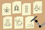 Cartoon of a robotic arm making childlike line drawings of things like butterflies, elephants, and DNA helixes on pieces of paper.